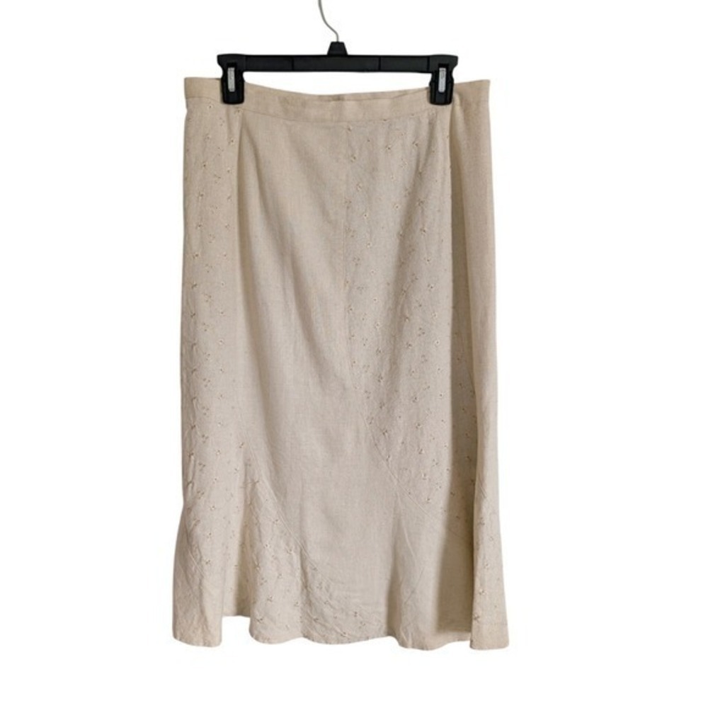 Vintage 90s Earthy Whimsy Practical Magic Eyelet Linen Blend Midi Aline Skirt